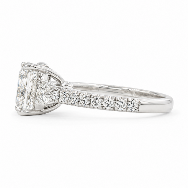 Ring 3-Stone Engagement 3ct Cushion Lab Grown Diamond IGI: 752514910  .75ctw Diamonds 18kw 2.9mm Sz6.25 4.66g 125090013