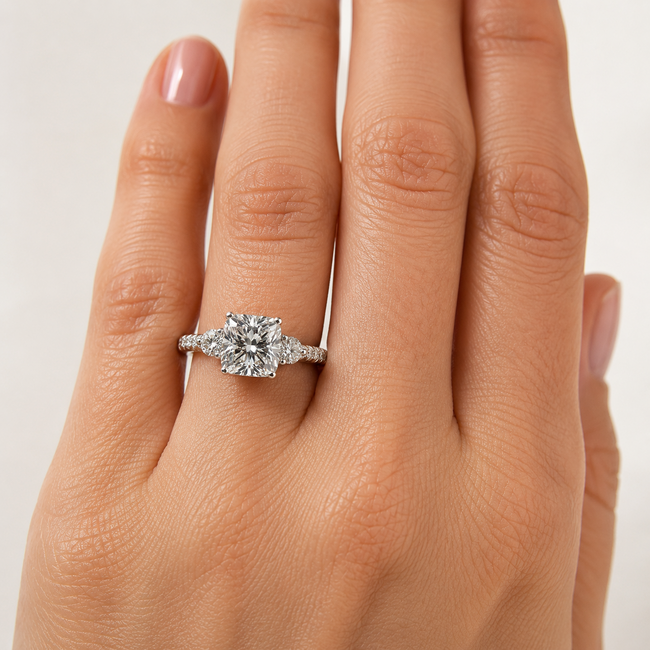 Ring 3-Stone Engagement 3ct Cushion Lab Grown Diamond IGI: 752514910  .75ctw Diamonds 18kw 2.9mm Sz6.25 4.66g 125090013