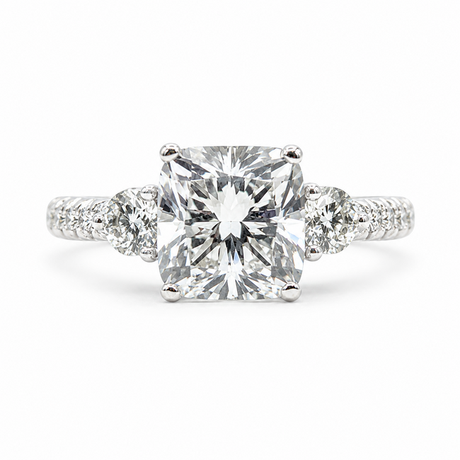 Ring 3-Stone Engagement 3ct Cushion Lab Grown Diamond IGI: 752514910  .75ctw Diamonds 18kw 2.9mm Sz6.25 4.66g 125090013
