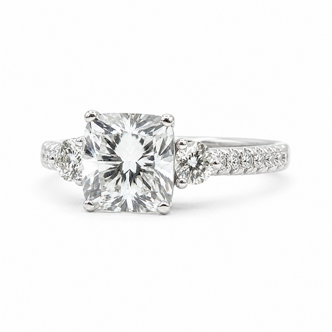 Ring 3-Stone Engagement 3ct Cushion Lab Grown Diamond IGI: 752514910  .75ctw Diamonds 18kw 2.9mm Sz6.25 4.66g 125090013