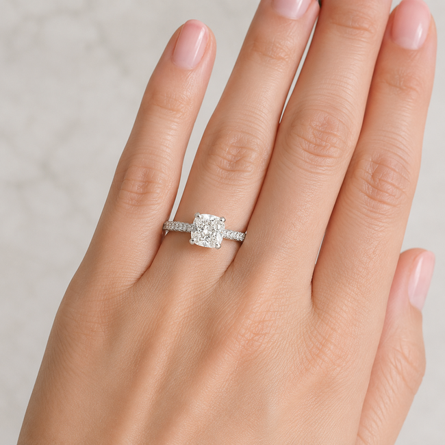 Ring Engagement Simon 1.30ct Cushion Lab Grown Diamond IGI: 722552742 G .63ctw Round Diamonds 14kw sz4.75 2.7mm 124060227