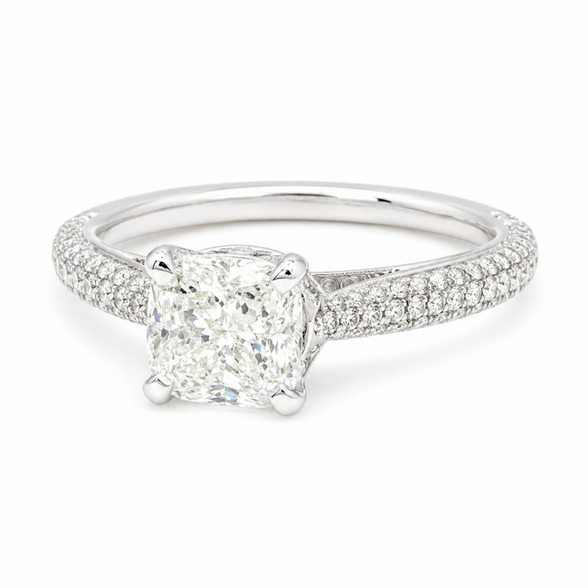Ring Engagement Simon 1.30ct Cushion Lab Grown Diamond IGI: 722552742 G .63ctw Round Diamonds 14kw sz4.75 2.7mm 124060227