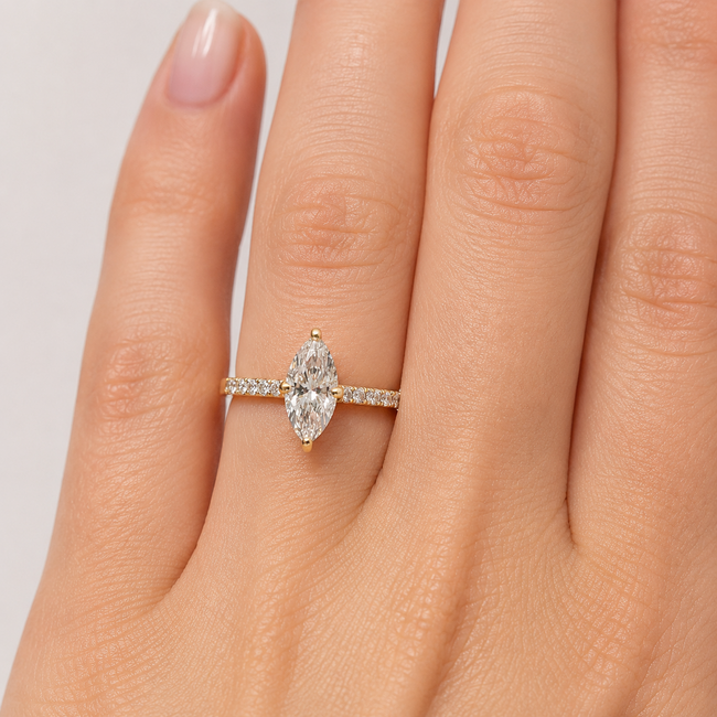 Ring Engagement 1.34ct Marquise Lab Grown Diamond IGI: 662443729  .30ctw Round Diamonds 18ky sz5 13.5mm 2.71g 124060190
