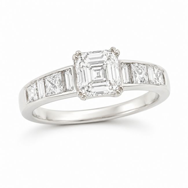 Ring Engagement 1.10ct Asscher Lab Grown Diamond IGI: LG718504428 .56ctw Princess & Baguette Diamonds 18kw Sz6 123120108