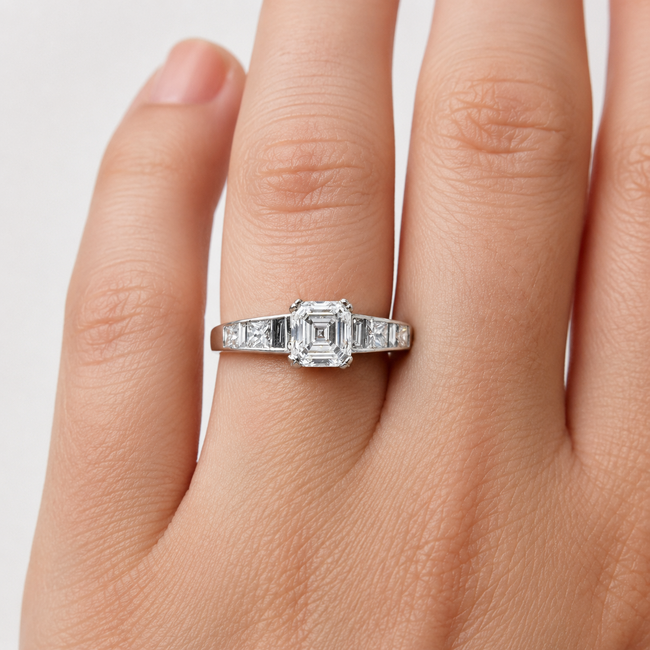 Ring Engagement 1.10ct Asscher Lab Grown Diamond IGI: LG718504428 .56ctw Princess & Baguette Diamonds 18kw Sz6 123120108