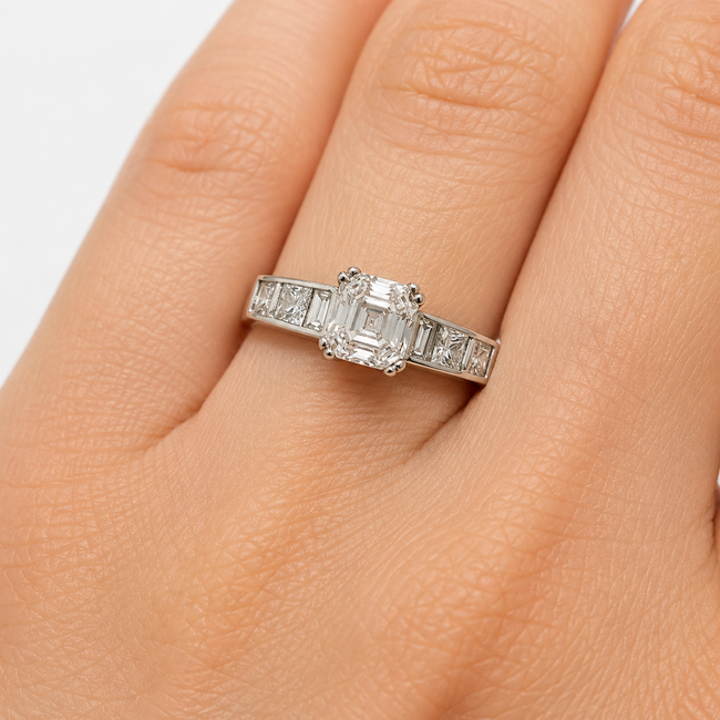 Ring Engagement 1.10ct Asscher Lab Grown Diamond IGI: LG718504428 .56ctw Princess & Baguette Diamonds 18kw Sz6 123120108