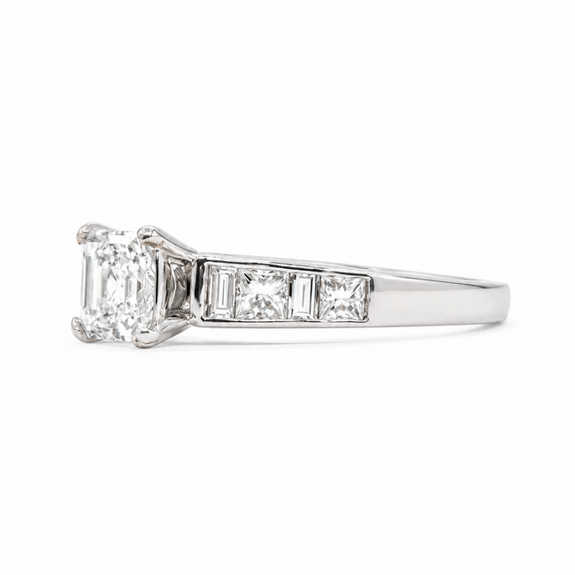 Ring Engagement 1.10ct Asscher Lab Grown Diamond IGI: LG718504428 .56ctw Princess & Baguette Diamonds 18kw Sz6 123120108