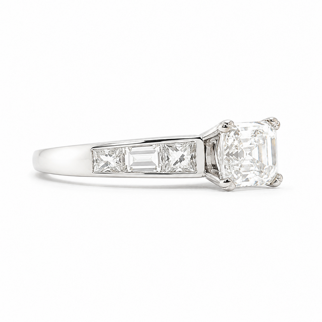Ring Engagement 1.10ct Asscher Lab Grown Diamond IGI: LG718504428 .56ctw Princess & Baguette Diamonds 18kw Sz6 123120108