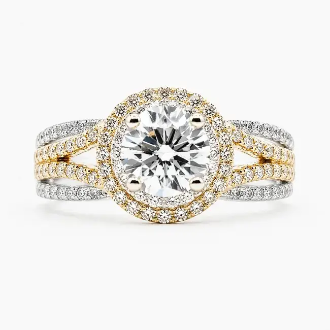 Ring Double Halo Split Shank 1.1ct Round Lab Grown Diamond IGI Report: 708581835 VVS2 D 1ctw Near Colorless Diamonds 14ktt 10mm Sz7 4.9g 125120025