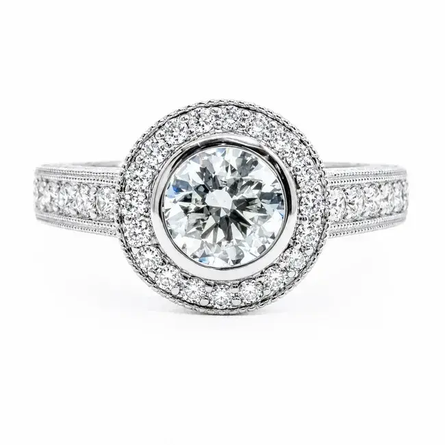 Ring Halo Milgrain 1ct Round Lab Grown Diamond IGI Report: 768604714 VVS2 F 0.75ctw Near Colorless Diamonds 18kw Sz6.5 5.2g 125120048