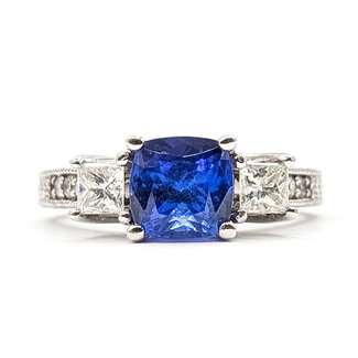 Ring 3-Stone Milgrain .76ctw Princess & Round Diamonds 2.19ct Violet Tanzanite 14kw 3mm Sz7.25 6.81g 126060029