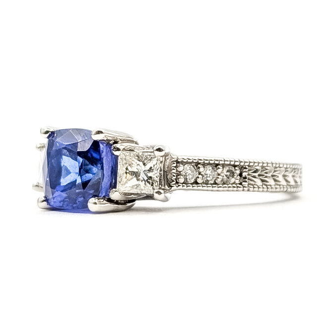Ring 3-Stone Milgrain .76ctw Princess & Round Diamonds 2.19ct Violet Tanzanite 14kw 3mm Sz7.25 6.81g 126060029