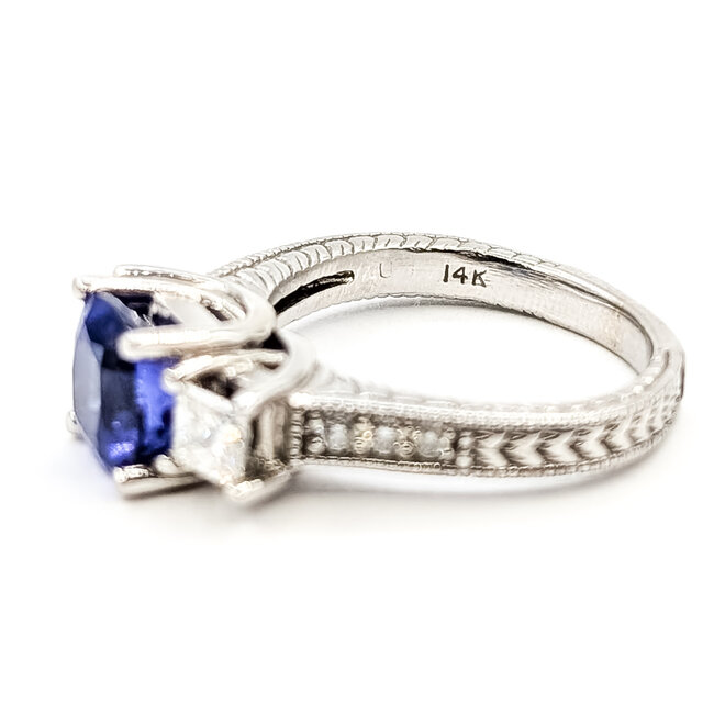 Ring 3-Stone Milgrain .76ctw Princess & Round Diamonds 2.19ct Violet Tanzanite 14kw 3mm Sz7.25 6.81g 126060029