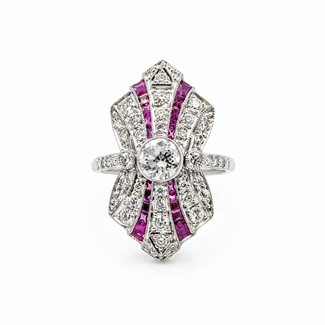 Ring Shield 1.65ctw Round Diamonds .94ctw Red Rubies 900pt 28x15mm Sz7 8.6g 126060006