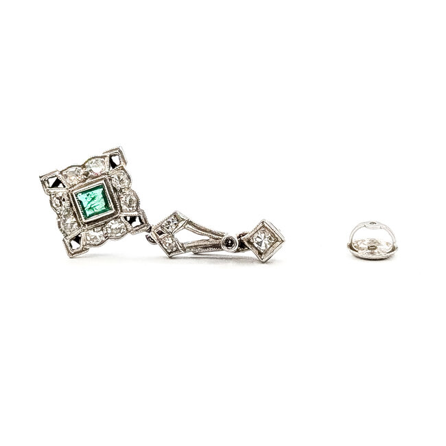 Earrings Art Deco Dangle .64ctw Round Diamonds .30ctw Green Emerald 900pt 32x15mm 5.29g 126060023