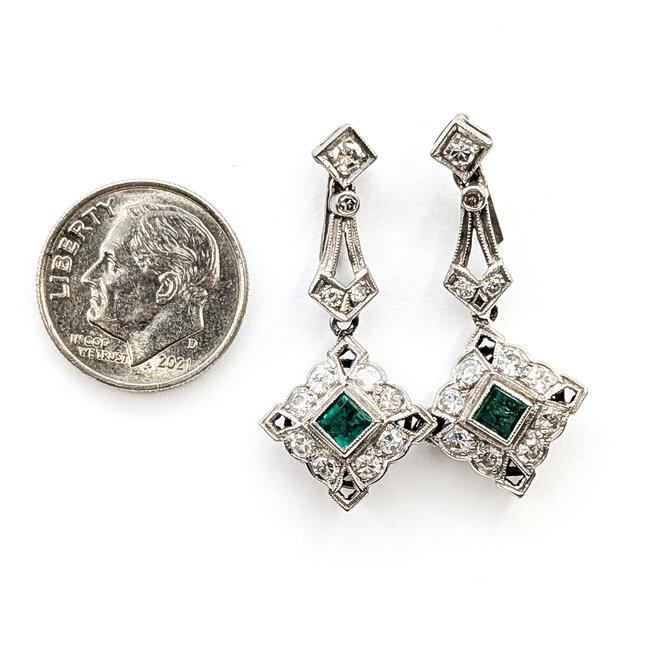 Earrings Art Deco Dangle .64ctw Round Diamonds .30ctw Green Emerald 900pt 32x15mm 5.29g 126060023