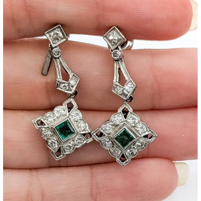 Earrings Art Deco Dangle .64ctw Round Diamonds .30ctw Green Emerald 900pt 32x15mm 5.29g 126060023