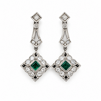 Earrings Art Deco Dangle .64ctw Round Diamonds .30ctw Green Emerald 900pt 32x15mm 5.29g 126060023