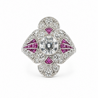 Ring Scalloped Cross Shield .82ctw Round Diamonds 1.05ctw Red Rubies 900pt 21mm Sz6 5.5g 126060007