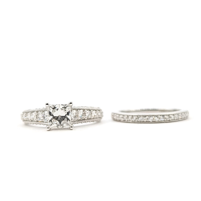 Ring Engagement Set Milgrain Graduated 1ct Princess Cut Lab Grown Diamond 1.50ctw Lab Grown Diamonds 14kw 6mm Sz7 7g 126070056