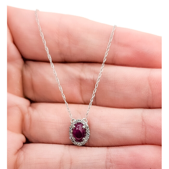 Necklace Halo .06ctw Round Diamonds .70ct Red Ruby 10kw 9x7mm 18" 1.01g 126070064