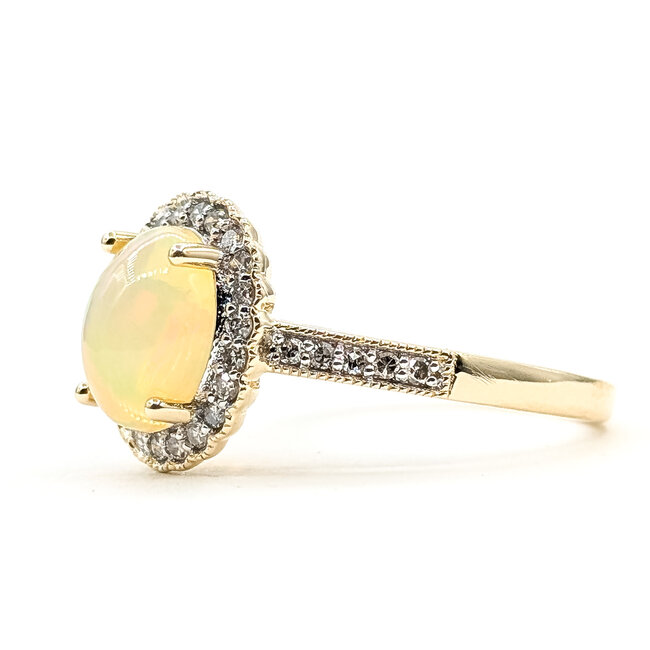Ring Halo Milgrain .26ctw Round Diamonds 1.25ct White Opal 14ky 2.2mm Sz7 3.3g 126070052