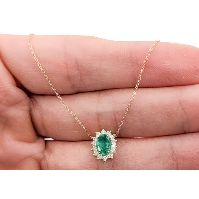 Pendant Halo W/Chain .20ctw Round Diamonds .50ct Green Emerald 10ky 10x8mm 18" 1g 126070046
