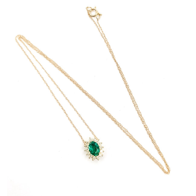 Pendant Halo W/Chain .20ctw Round Diamonds .50ct Green Emerald 10ky 10x8mm 18" 1g 126070046