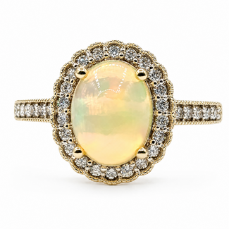 Ring Halo Milgrain .26ctw Round Diamonds 1.25ct White Opal 14ky 2.2mm Sz7 3.3g 126070052