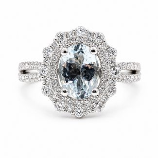 Ring Double Halo Split Shank .88ctw Round Diamonds .88ct Sky blue Aquamarine 14kw 4mm Sz7 5.48g 126070051