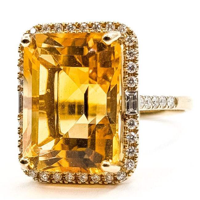 Ring Rectangular Halo Effy .38ctw Round & Baguette Diamonds 10ct Golden Citrine 14ky 1.85mm Sz7 5.75g 126060045