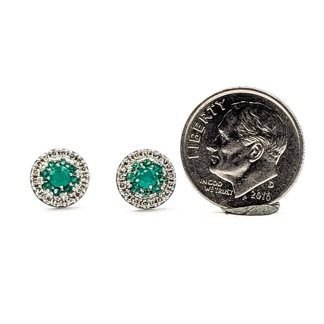 Earrings Screwback Stud Halo .16ctw Round Diamonds .55ctw Green Emerald 14kw 9mm 1.78g 126070106
