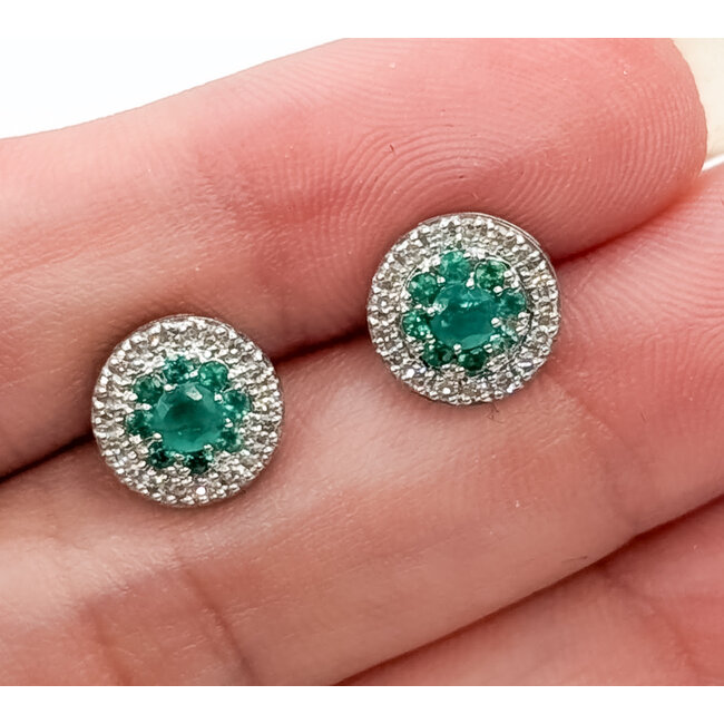 Earrings Screwback Stud Halo .16ctw Round Diamonds .55ctw Green Emerald 14kw 9mm 1.78g 126070106