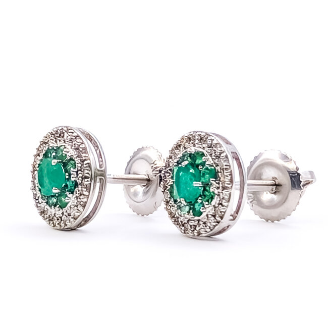Earrings Screwback Stud Halo .16ctw Round Diamonds .55ctw Green Emerald 14kw 9mm 1.78g 126070106
