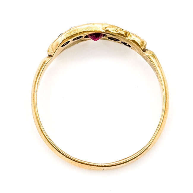 Ring Scroll 5-Stone .06ctw Mine Cut Diamonds .32ctw Ruby 18ky 6mm Sz10 3.49g 126070121