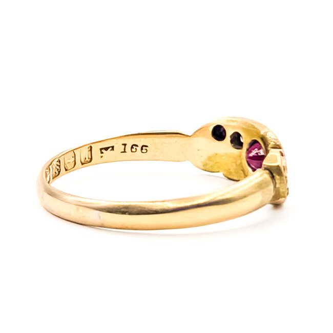 Ring Scroll 5-Stone .06ctw Mine Cut Diamonds .32ctw Ruby 18ky 6mm Sz10 3.49g 126070121