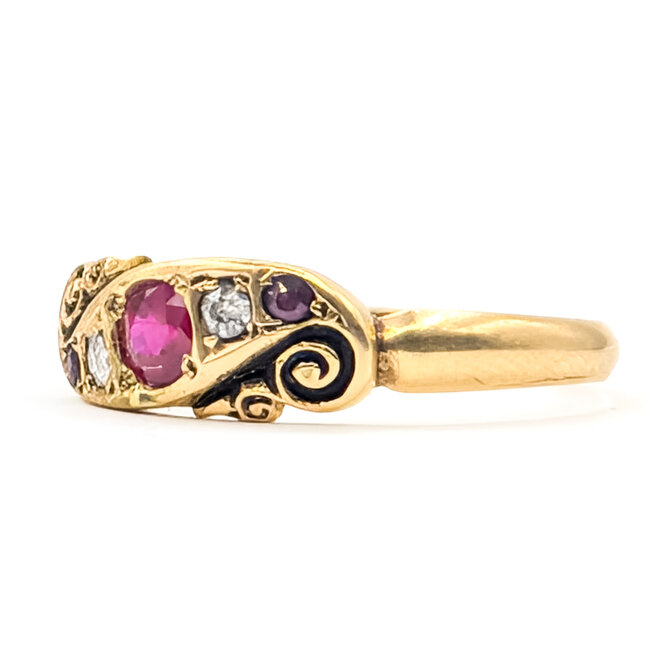 Ring Scroll 5-Stone .06ctw Mine Cut Diamonds .32ctw Ruby 18ky 6mm Sz10 3.49g 126070121