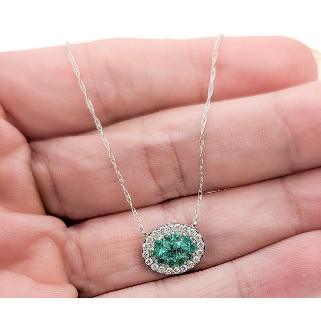 Necklace Halo 0.16ctw Round Diamond 0.4ctw Emerald 14kw 11x9mm 18" 1.50g 126070081