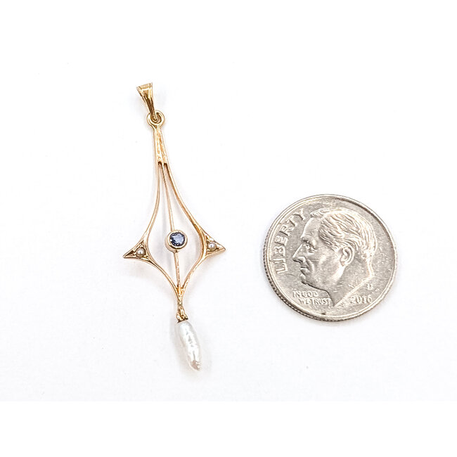 Pendant Lavaliere .03ct Blue Spinel 1mm Gray Seed Pearls 10ky 1.75x.55" .66g 126060035