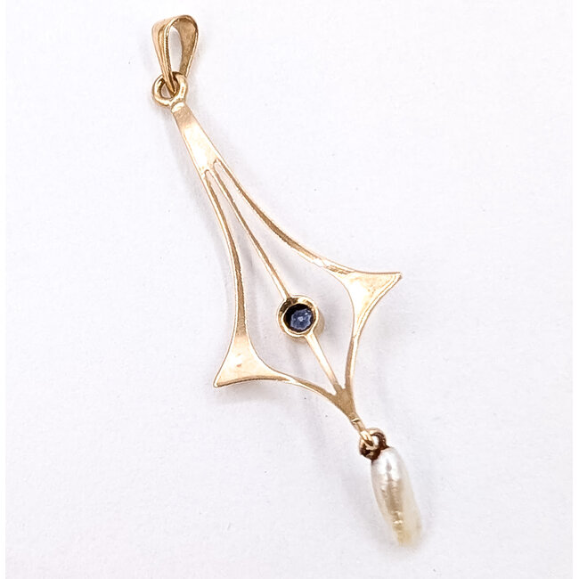 Pendant Lavaliere .03ct Blue Spinel 1mm Gray Seed Pearls 10ky 1.75x.55" .66g 126060035