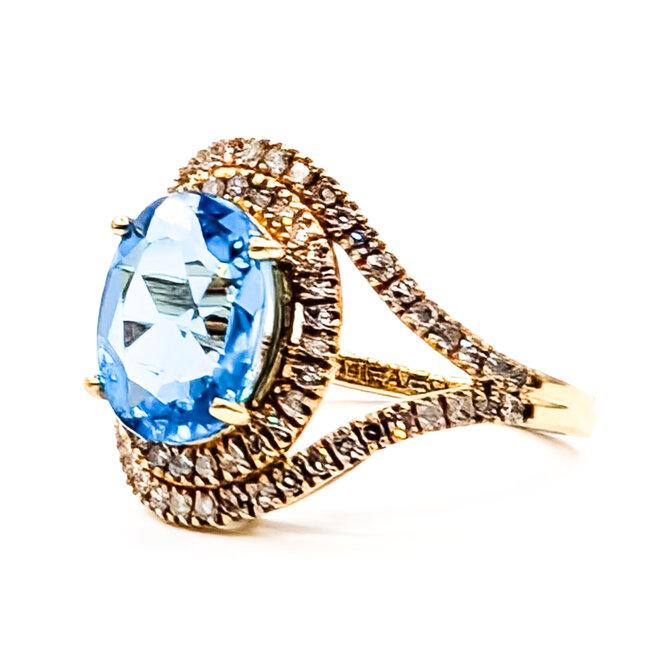 Ring Halo .25ctw Round Diamonds 3ct Swiss Blue Topaz 14ky 16mm Sz5 3.84g 126060048