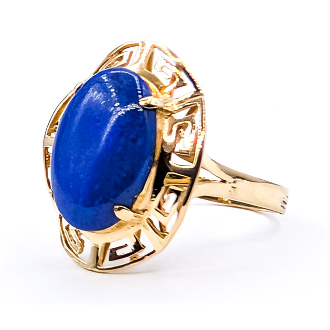 Ring Solitare Greek Key 5ct Blue Cabochon Lapis 14ky 2.15mm Sz6 3.48g 226070010