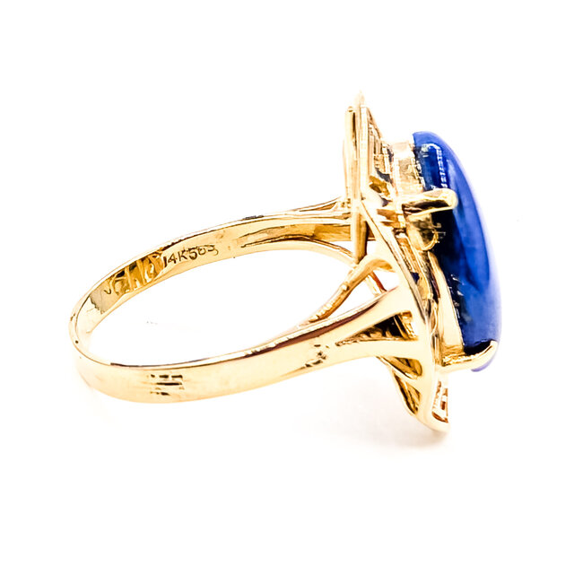 Ring Solitare Greek Key 5ct Blue Cabochon Lapis 14ky 2.15mm Sz6 3.48g 226070010