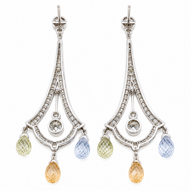 Earrings Dangle Milgrain 2.60ctw Euro & Single Cut Diamonds 3.00ctw Multicolor Sapphire 900pt 2.5x.8" 9.32g 126070130
