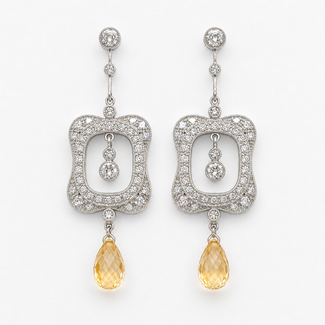 Earrings Dangle Milgrain 1.60ctw Euro & Single Cut Diamonds 1.00ctw Imperial Topaz 900pt 1.75x.55" 6.98g 126070131