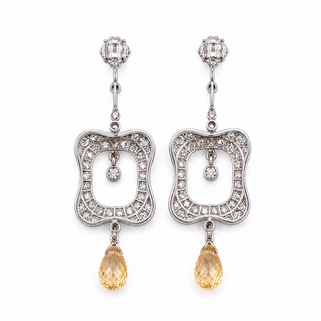 Earrings Dangle Milgrain 1.60ctw Euro & Single Cut Diamonds 1.00ctw Imperial Topaz 900pt 1.75x.55" 6.98g 126070131