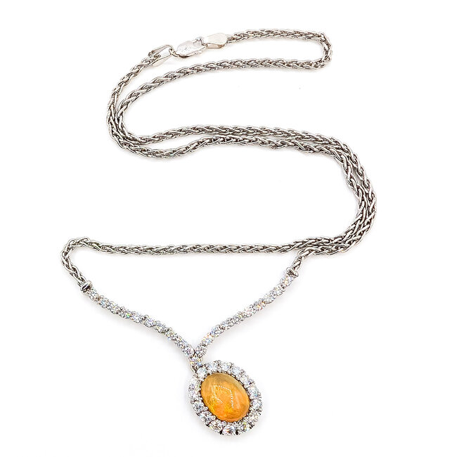 Necklace Y-Drop Halo 1.64ctw Round Diamonds 2.25ct Ethiopian Opal 18kw 17.5x14mm 16" 15.4g 126070134
