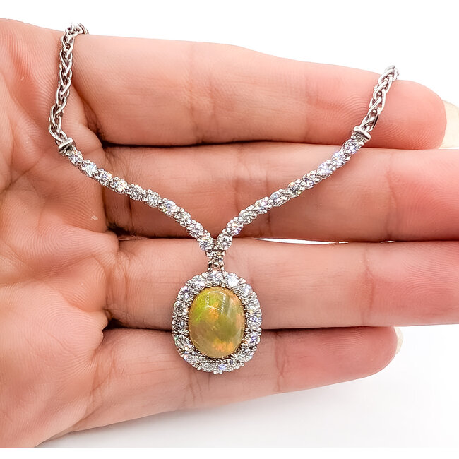 Necklace Y-Drop Halo 1.64ctw Round Diamonds 2.25ct Ethiopian Opal 18kw 17.5x14mm 16" 15.4g 126070134