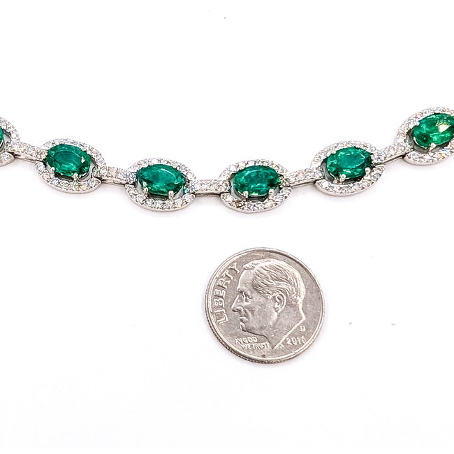 Bracelet Tennis Halo Station 2.30ctw Round Diamonds 9.26ct Green Emerald 14kw 9mm 7" 17.2g 226070015