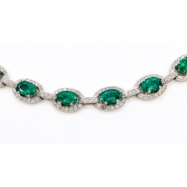 Bracelet Tennis Halo Station 2.30ctw Round Diamonds 9.26ct Green Emerald 14kw 9mm 7" 17.2g 226070015